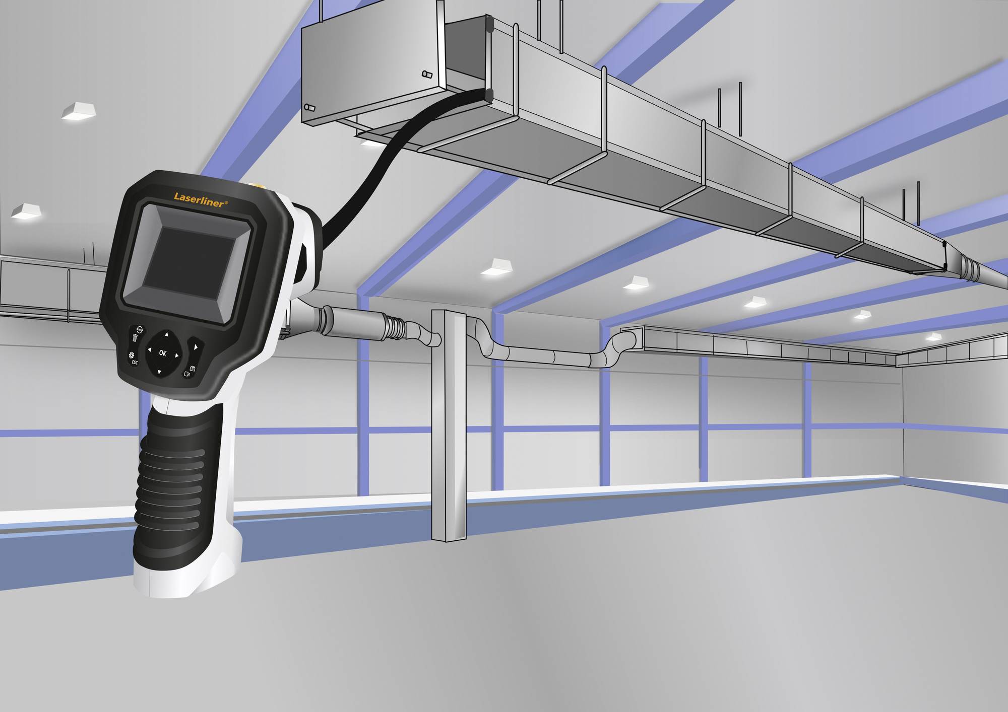 Ein digitales Gerät scannt eine Lüftungsanlage in einem großen Raum. Das Gerät ist für die Überprüfung von Klimaanlagen entwickelt.