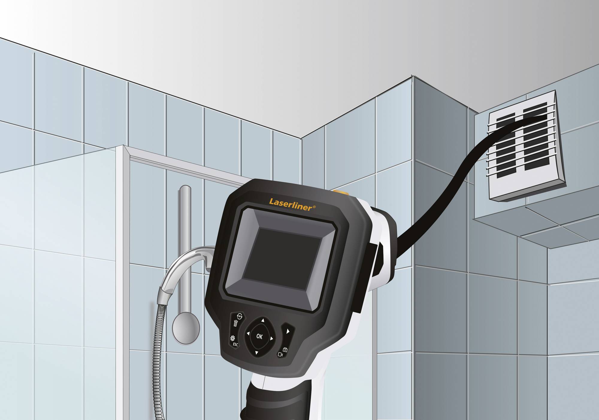 Ein Handgerät mit Bildschirm überprüft einen Lüftungsschacht in einem Badezimmer mit blauen Fliesen; Werkzeug zur Inspektion.