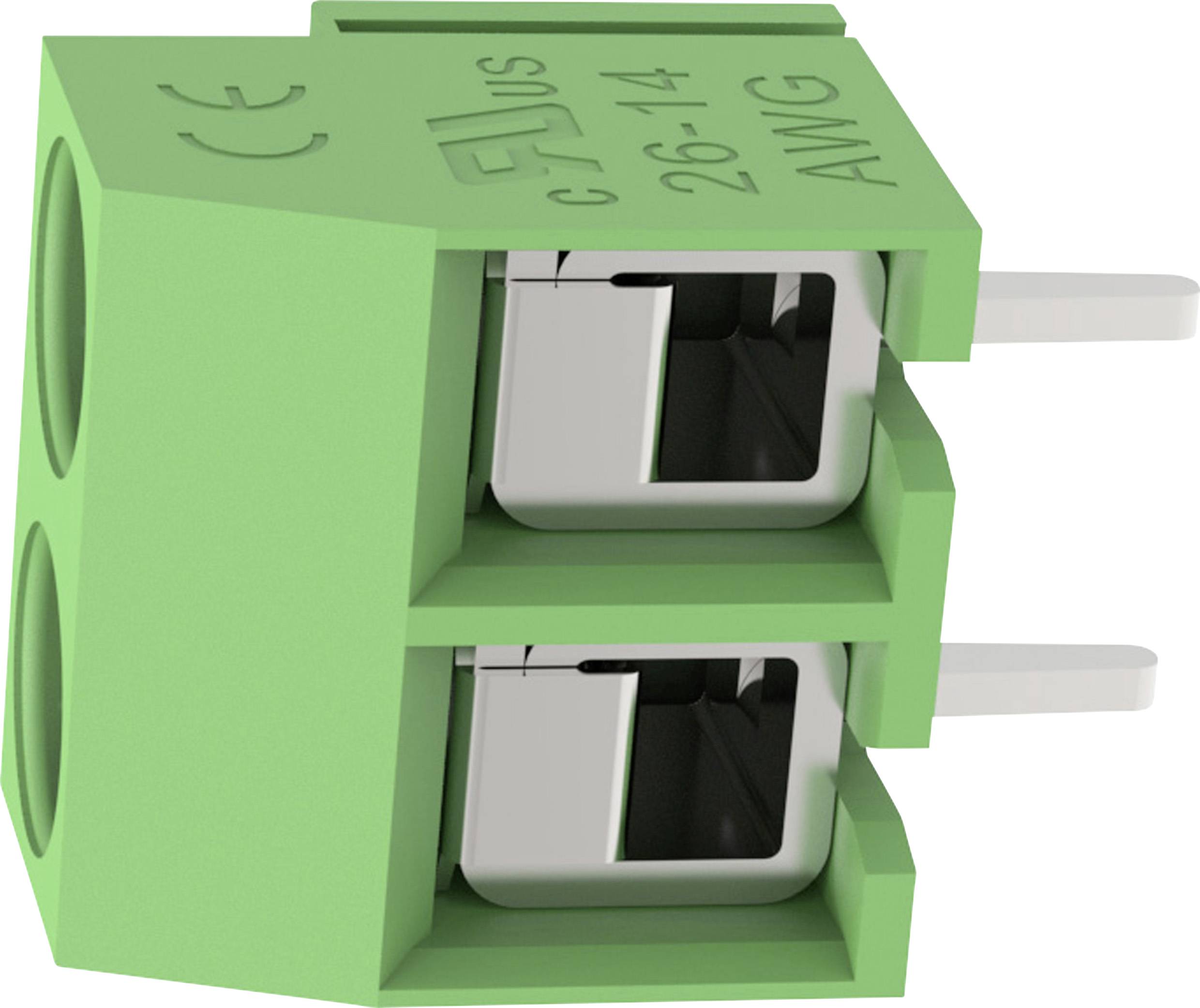 Grüner zweipoliger PCB-Klemmleistenverbinder mit zwei Metall-Drahteingangsanschlüssen und seitlichen Befestigungslöchern.