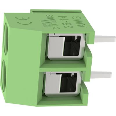 Grüner zweipoliger PCB-Klemmleistenverbinder mit zwei Metall-Drahteingangsanschlüssen und seitlichen Befestigungslöchern.
