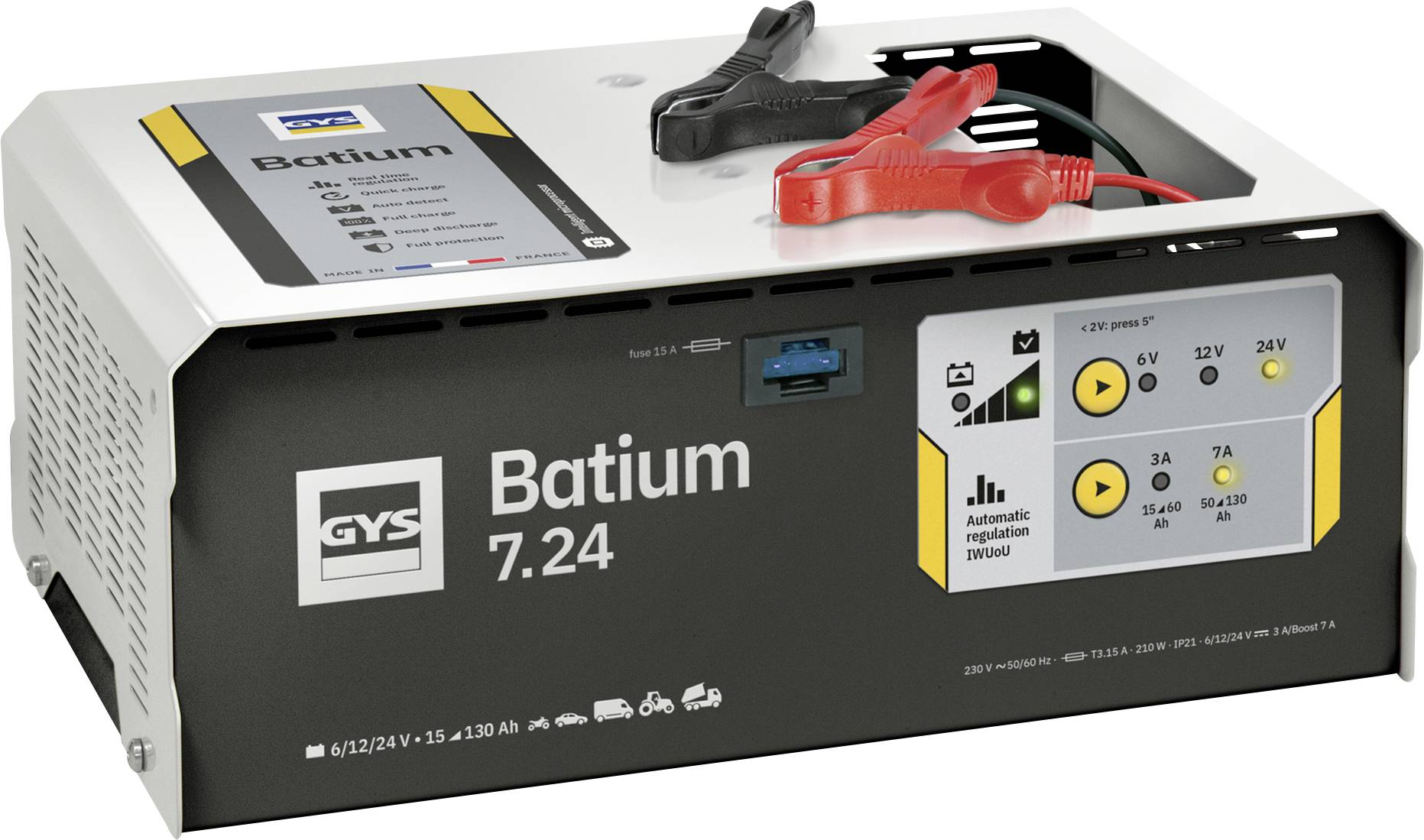 GYS Batium 7.24 Batterieladegerät mit digitalen Steuerungen, 6/12/24V-Einstellungen, automatischem Wartungsmodus und angebrachten roten und schwarzen Klemmen.