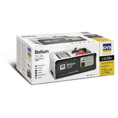Verpackung für einen elektronischen Batterieladehalter GYS Batium 15.24, zeigt das Bild des Ladehalters und wichtige Spezifikationen: 6-12-24V, automatisches Laden 15A, SOS-Wiederherstellung.