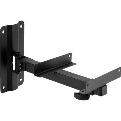 Schwarze, verstellbare Halterung aus Metall zur Wandmontage, geeignet für Fernseher oder Monitore. Befestigungsschrauben sichtbar.