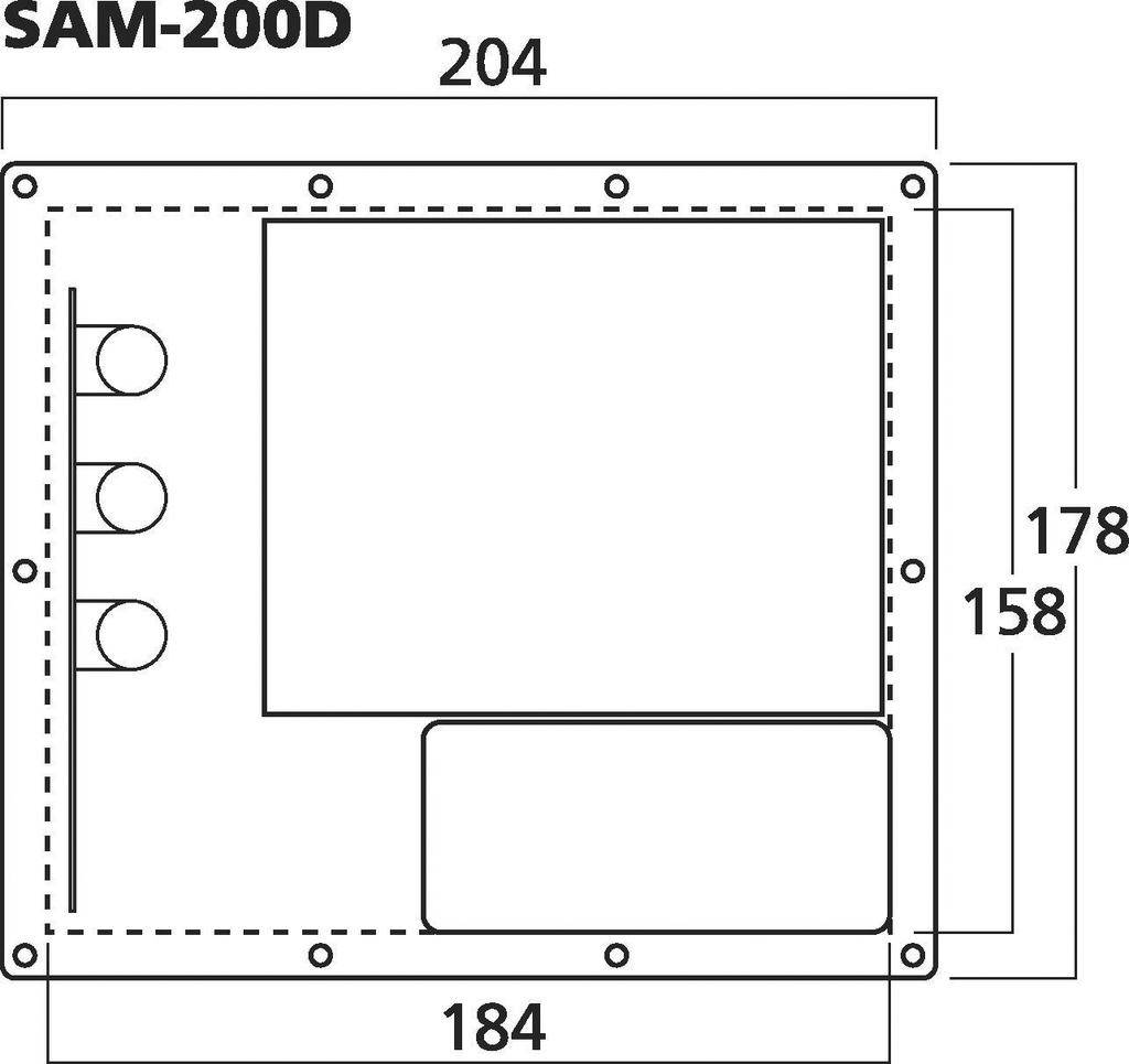 Technische Zeichnung eines rechteckigen Geräts 'SAM-200D' mit drei Tasten links, sowie Abmessungen 204x184 mm und 178x158 mm.