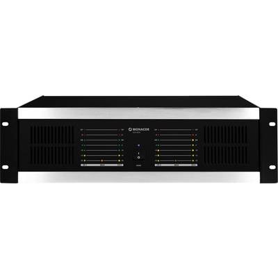 Ein schwarzer Verstärker mit mehreren Ein-/Ausgangsanzeigen und Metallrahmen. Es zeigt LED-Lichtpegel für verschiedene Audiokanäle an.