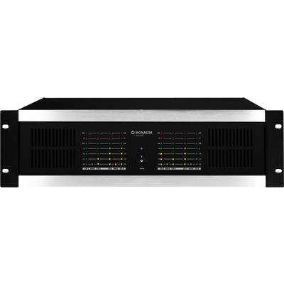 Schwarzer Verstärker des Typs MONACOR PA-1450 mit mehreren LED-Anzeigen auf der Vorderseite, geeignet für Audioverstärkung.