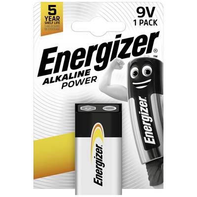 9V Energizer Alkaline Batterie in weißer Verpackung mit gelbem Akzent und Comic-Maskottchen, das einen Arm hebt.