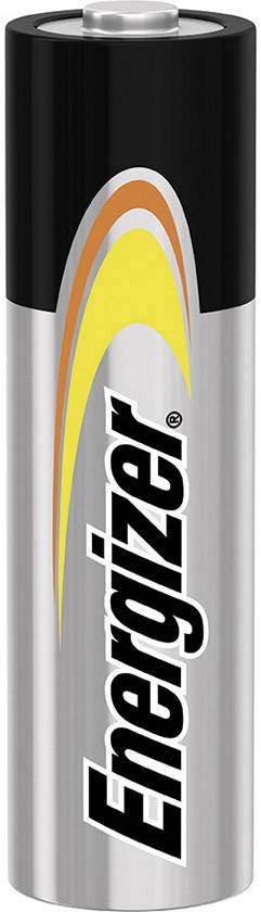 Eine silberne Batterie mit schwarzer Oberseite. Der Name 'Energizer' ist in Großbuchstaben vertikal aufgedruckt.