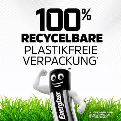 Die Grafik zeigt eine Batterie mit Gesicht, die eine Faust hebt. Text: '100% recycelbare plastikfreie Verpackung'. Energizer-Logo.