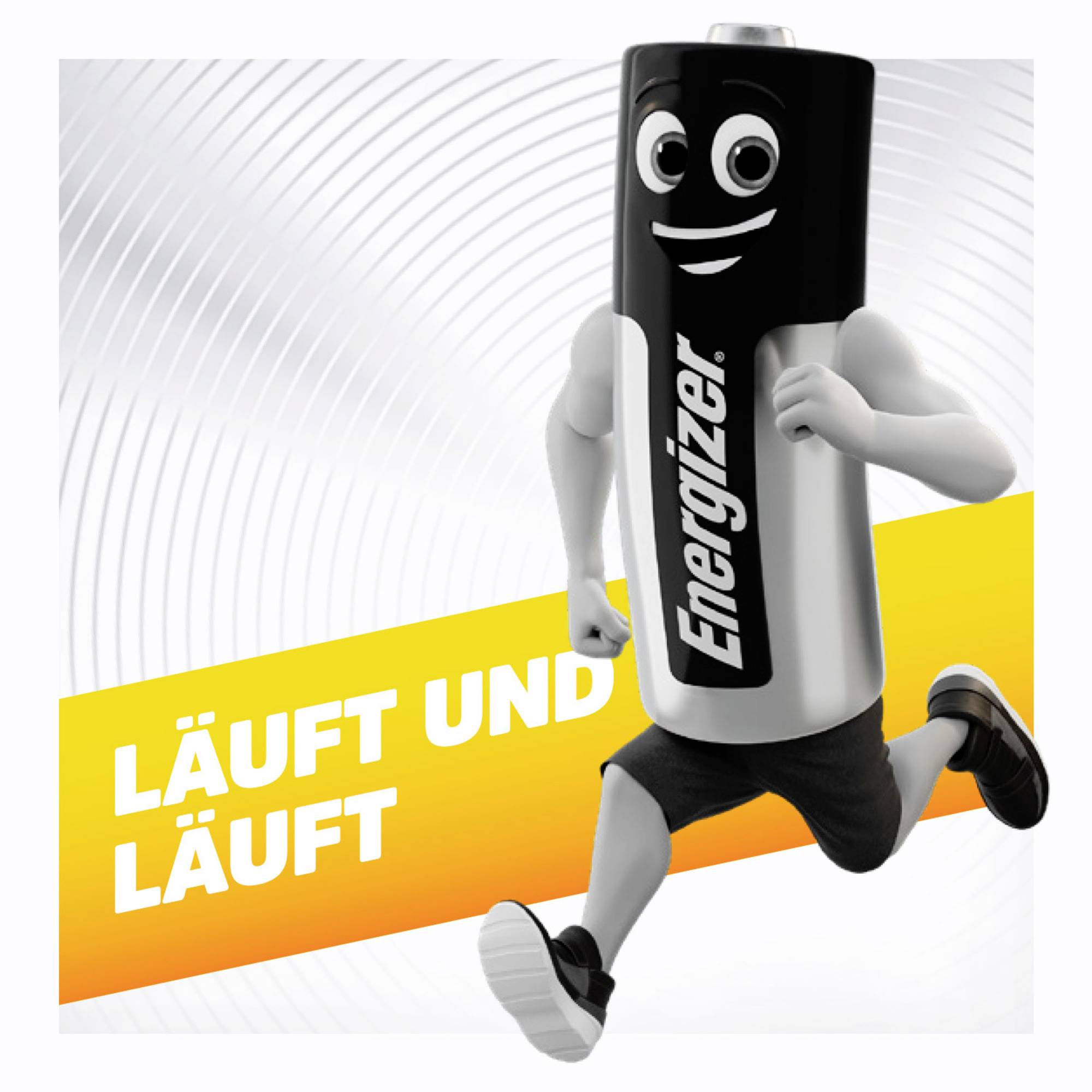 Eine fröhliche Batteriefigur mit "Energizer"-Aufschrift läuft dynamisch. Text im Hintergrund: 'LÄUFT UND LÄUFT'.