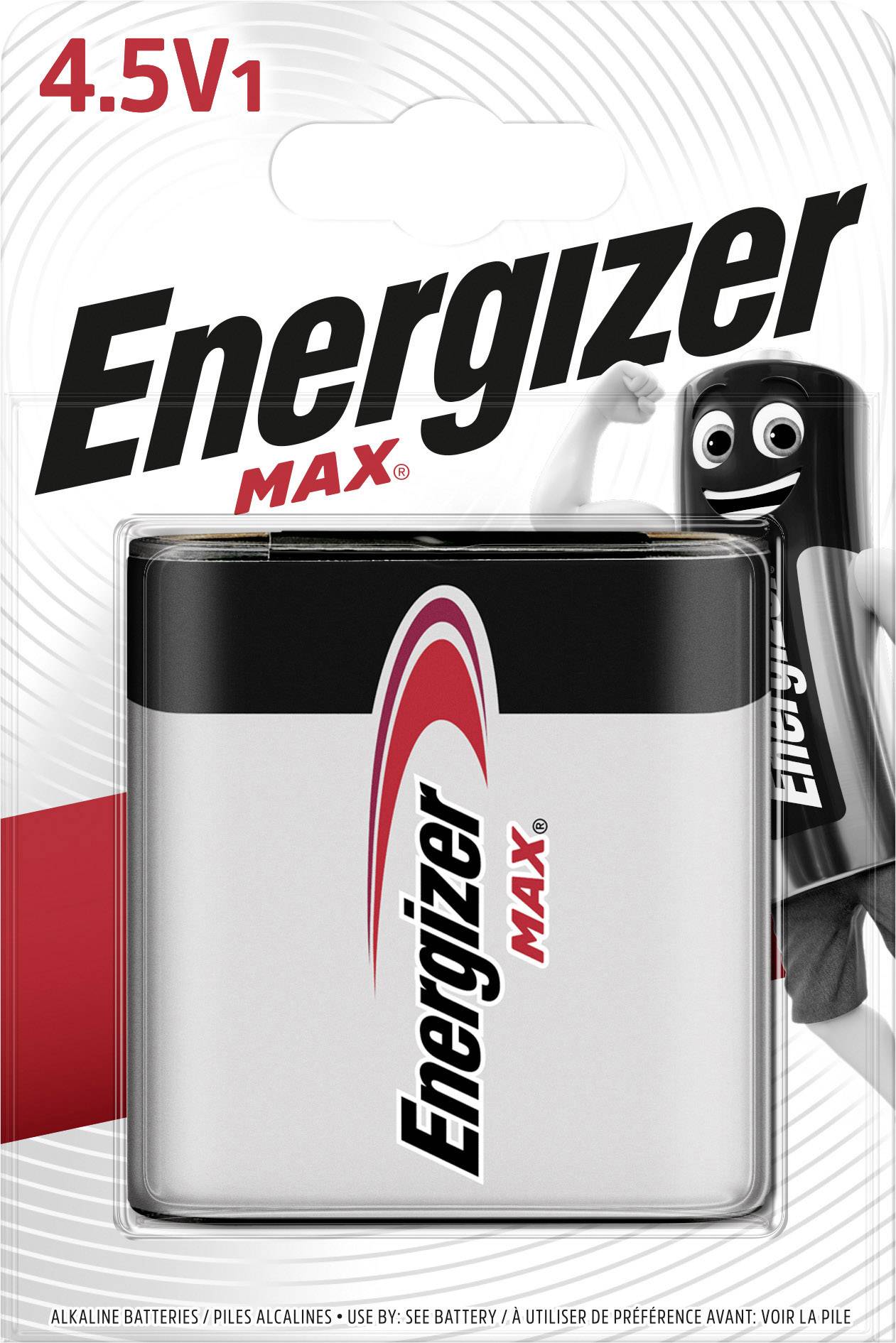 Energizer Max Batterie 4.5V1 in Verpackung mit Logo und Bild eines Batteriemaskottchens.