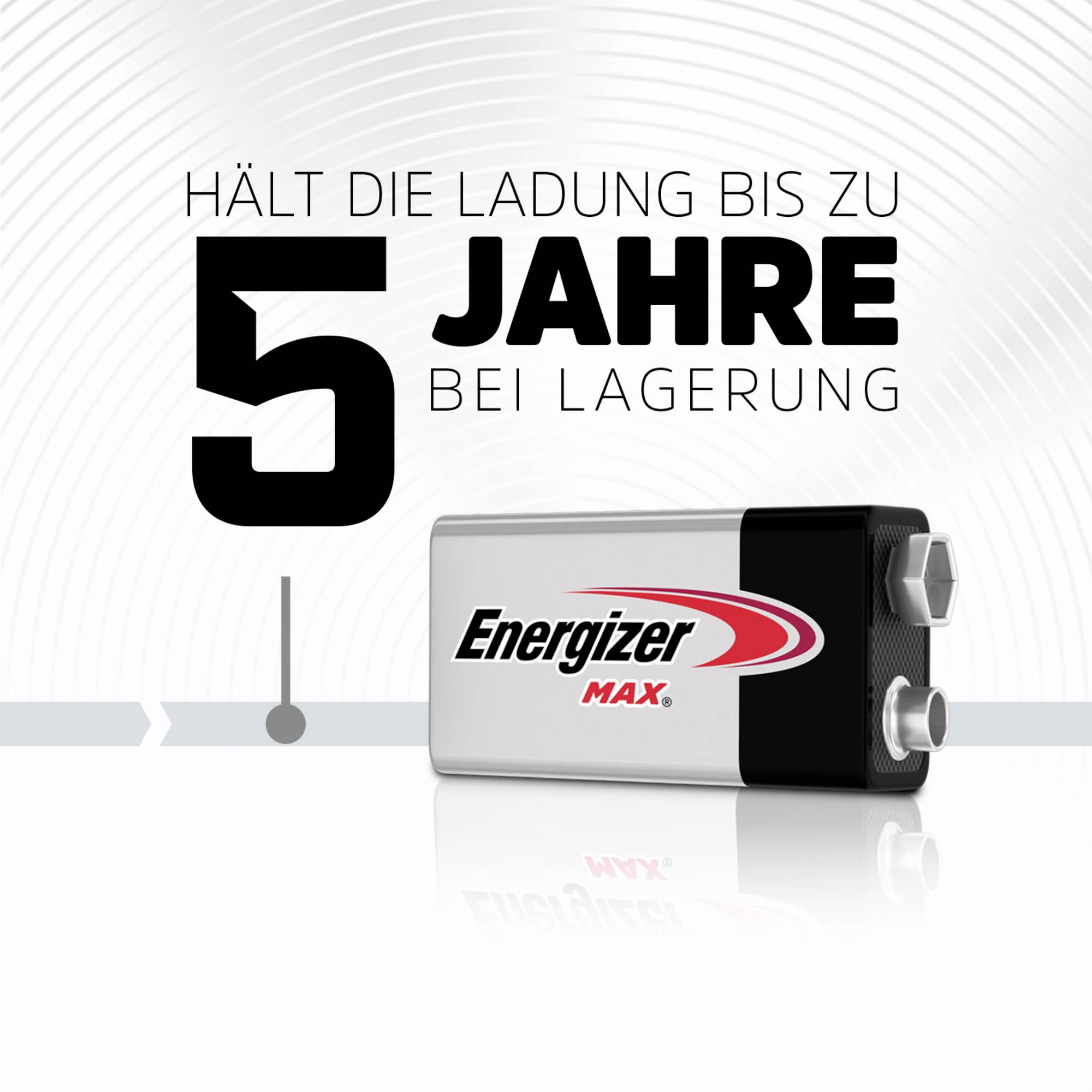 'Energizer Max Batterie, hält die Ladung bis zu 5 Jahre bei Lagerung.'