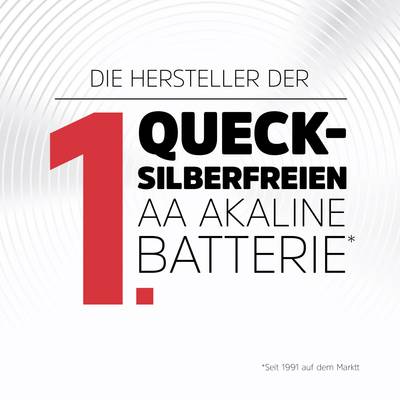 'Die Hersteller der 1. quecksilberfreien AA Alkaline-Batterie. Seit 1991 auf dem Markt.' Großer roter '1.' auf weißem Hintergrund.