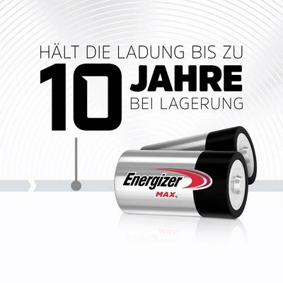 Zwei Energizer-Batterien mit silbernem und schwarzem Gehäuse. Text: 'Hält die Ladung bis zu 10 Jahre bei Lagerung.'