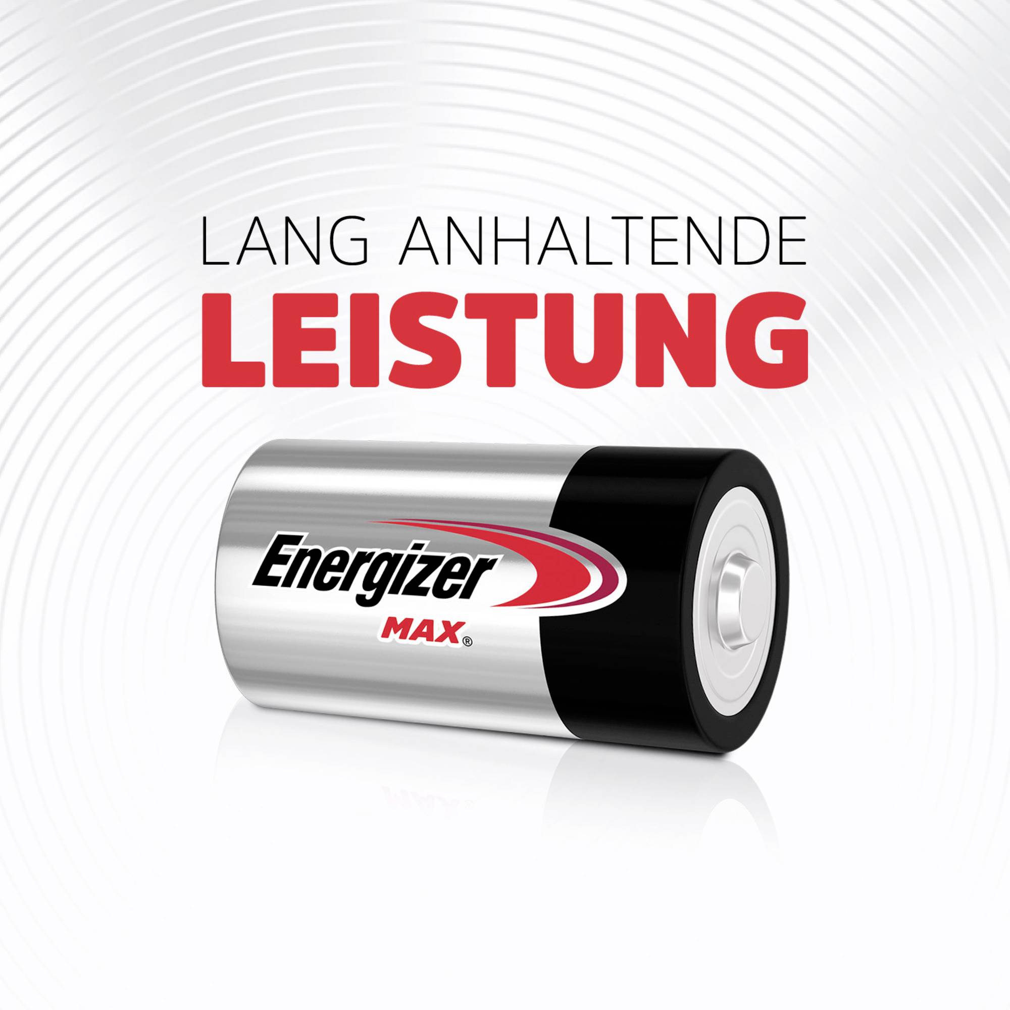 Batterie der Marke 'Energizer Max', begleitet vom Text 'Lang anhaltende Leistung', auf weißem Hintergrund mit kreisförmigen Mustern.