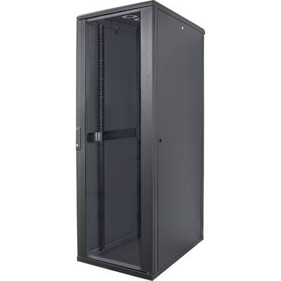 Ein leerer schwarzer Server-Rack-Schrank mit Glastür, geeignet für IT-Geräte.