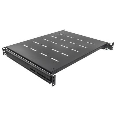 Schwarzes Metall-Rackmontagefach mit Gleitfunktion, Belüftungsschlitzen und vorderen Befestigungswinkeln auf weißem Hintergrund.