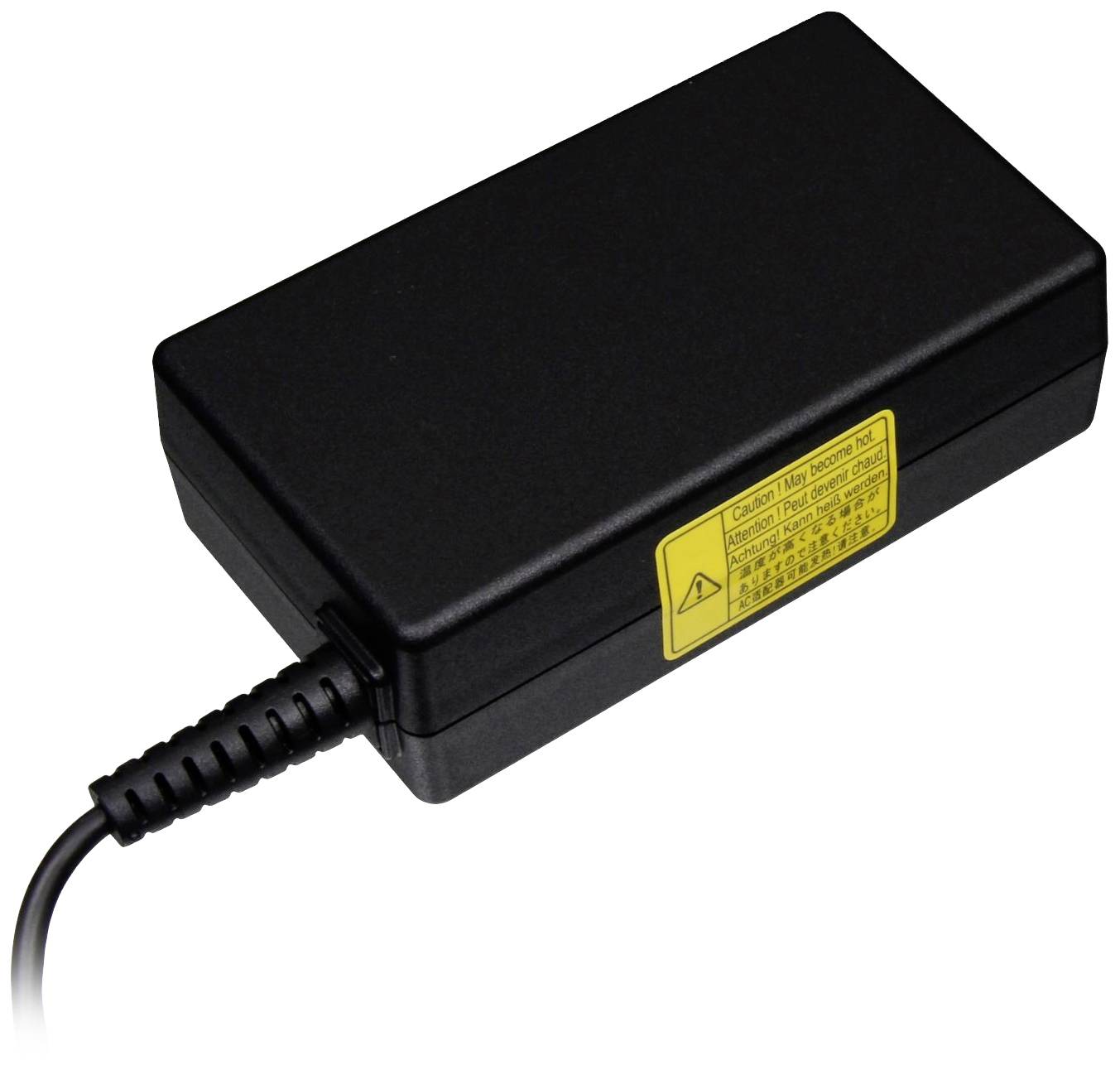 Schwarzes Netzteil mit Kabel, gelbem Warnhinweis und technischen Daten auf der Oberseite.