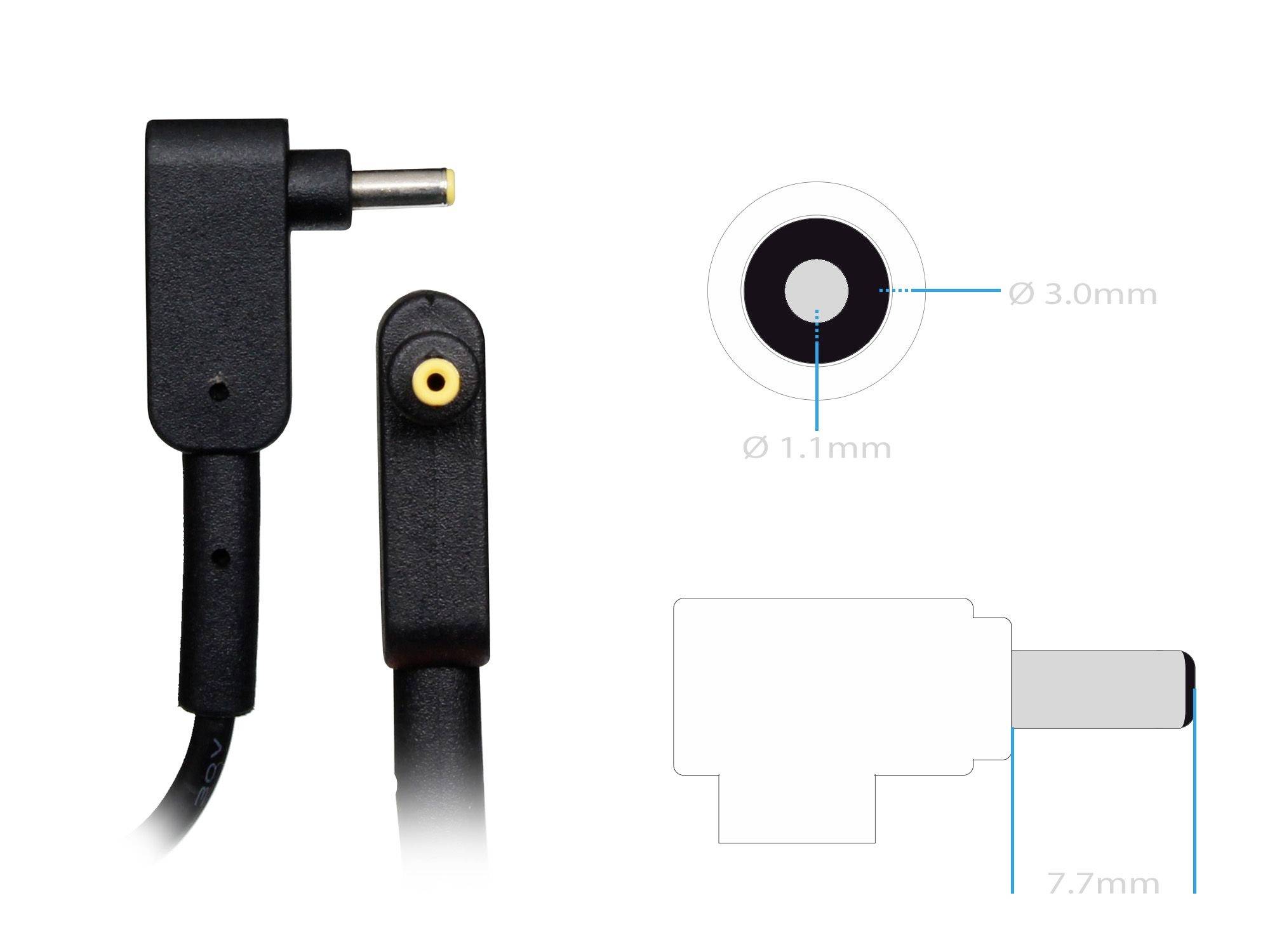 Schwarzer Netzadapterstecker mit Maßen: Außendurchmesser 3,0 mm, Innendurchmesser 1,1 mm, Längere Seite 7,7 mm.