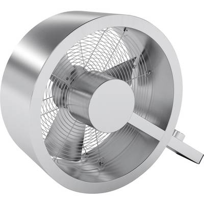 Ein moderner Ventilator aus gebürstetem Metall mit einem runden Gehäuse und sichtbaren Rotorblättern, seitlich abgebildet.