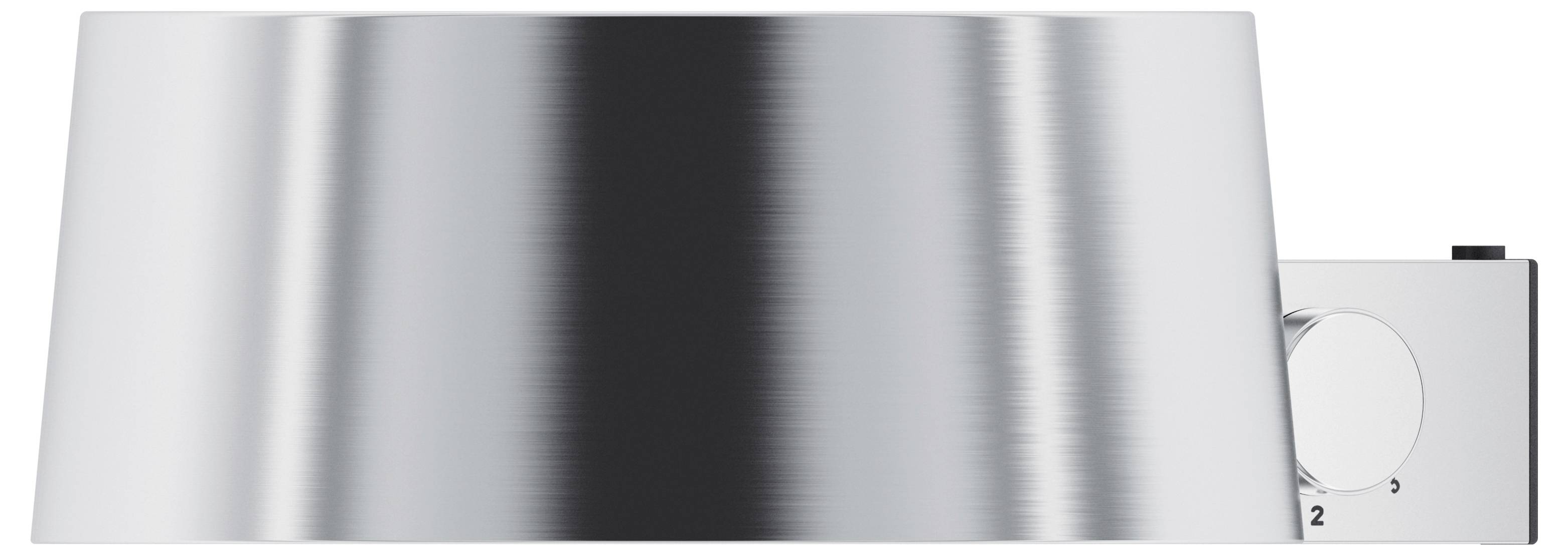 Metallische Dunstabzugshaube in modernem Design, mit einem Drehknopf zur Steuerung sichtbar auf der rechten Seite.