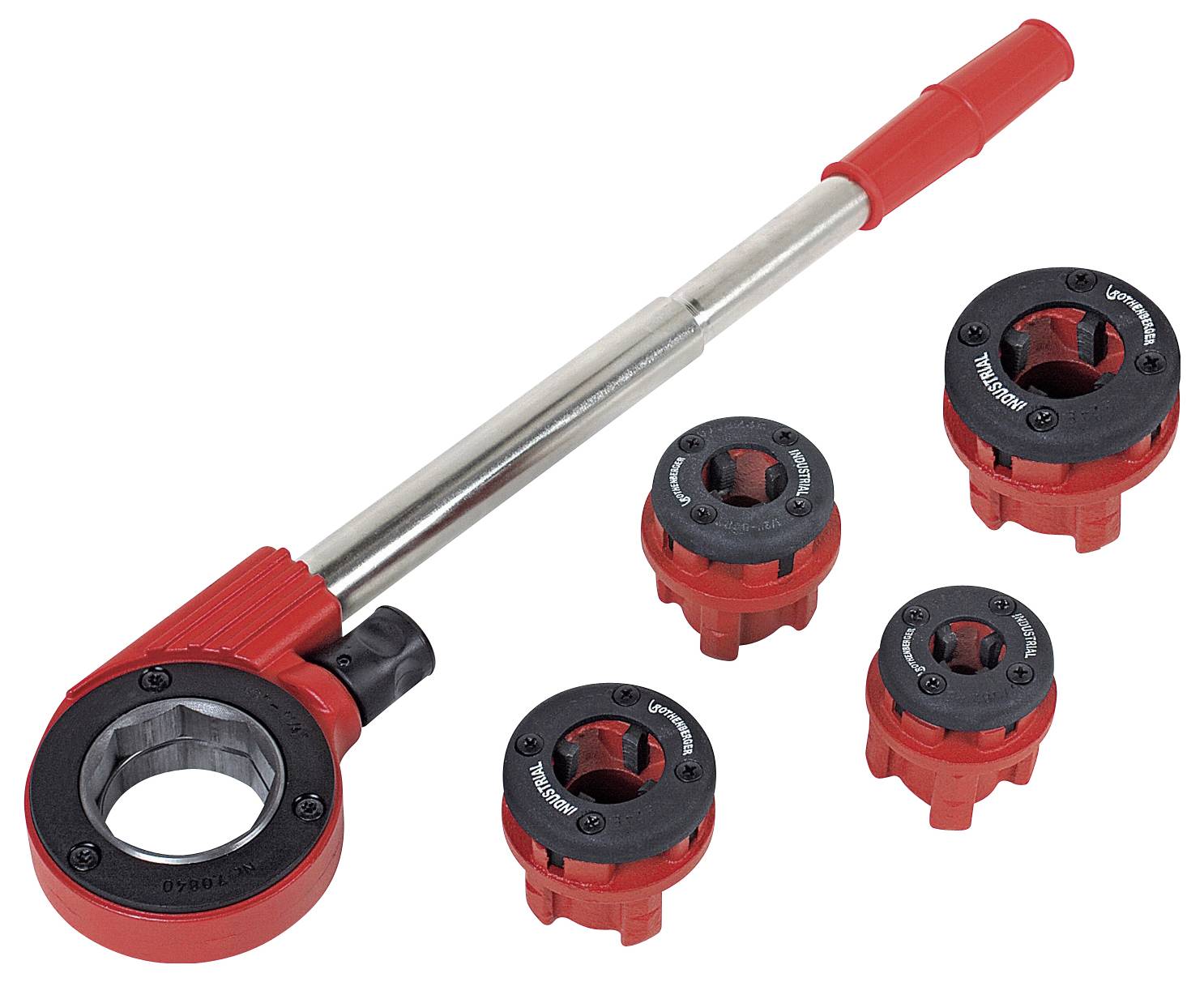 Rohrgewindeschneidgerät in Rot mit vier austauschbaren Schneidköpfen, ideal für Installationsarbeiten an Rohrleitungen.