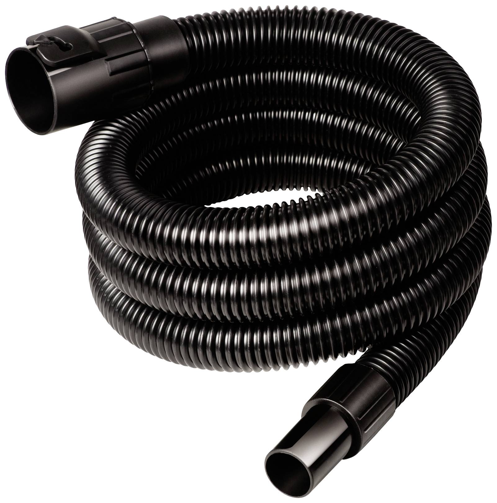 Ein schwarzer Staubsaugerschlauch liegt zusammengerollt. Beide Enden sind erkennbar.