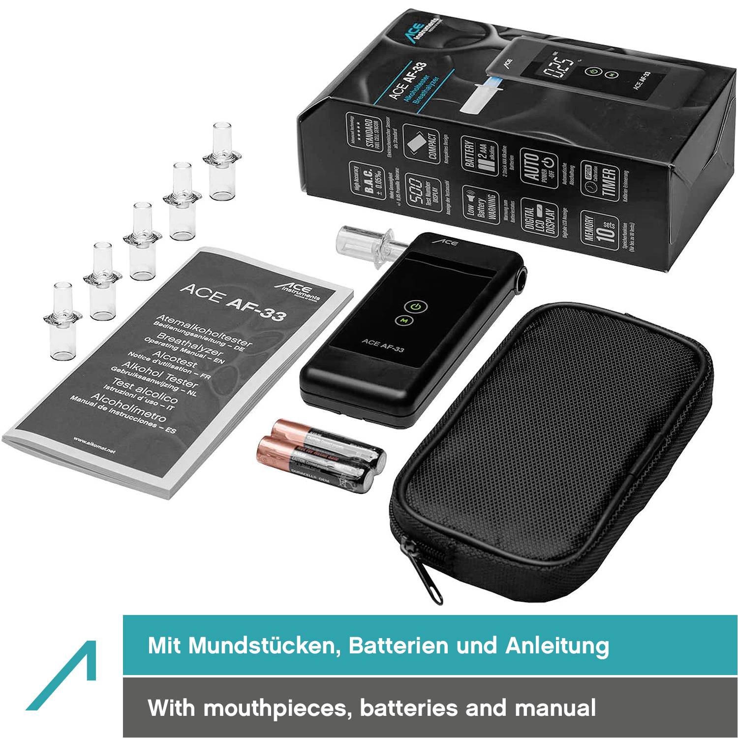 'Vaporizer-Set mit Mundstücken, Batterien, Anleitung und Tragetasche. Verpackung im Hintergrund.'