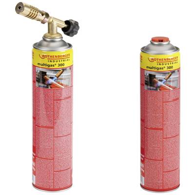 Zwei ROTHENBERGER Multigas 300 Dosen. Links mit montiertem Brenneraufsatz, rechts ohne Aufsatz. Brenner wichtig für Lötarbeiten.
