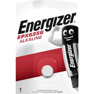 'Batterieverpackung der Marke Energizer. Enthält eine EPX625G Alkaline-Batterie. Maskottchen auf der rechten Seite lächelt und hebt die Faust.'