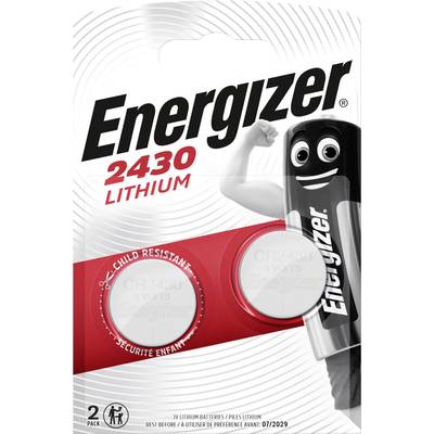 'Energizer Lithium 2430'-Batteriepackung mit zwei Batterien, Kinder- und Sicherheitswarnungen auf der Vorderseite.