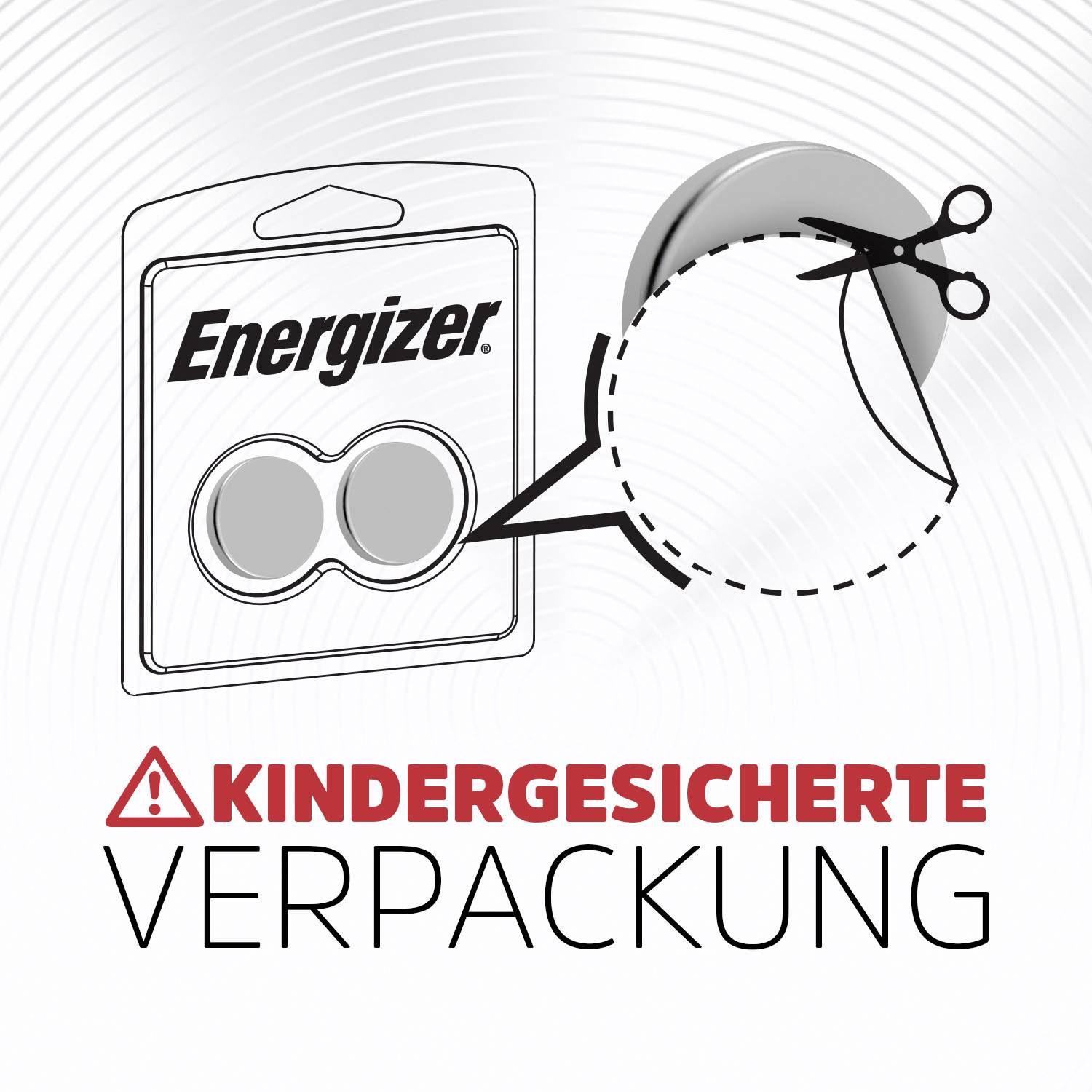 'Kindergesicherte Verpackung' Anleitung: Ein Schneidesymbol zeigt, wie man das 'Energizer'-Batteriepaket öffnet.