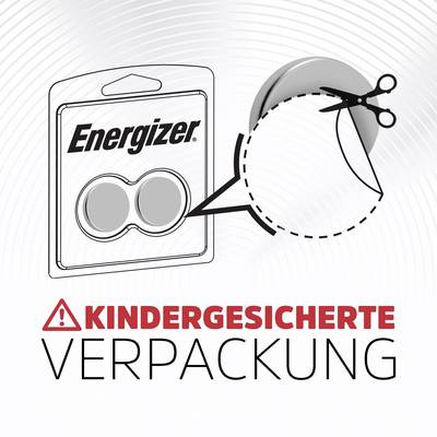 Verpackung für Energizer-Knopfzellen, die kindersicher ist. Illustriert mit Schere, Kreis und Text 'KINDGESICHERTE VERPACKUNG'.