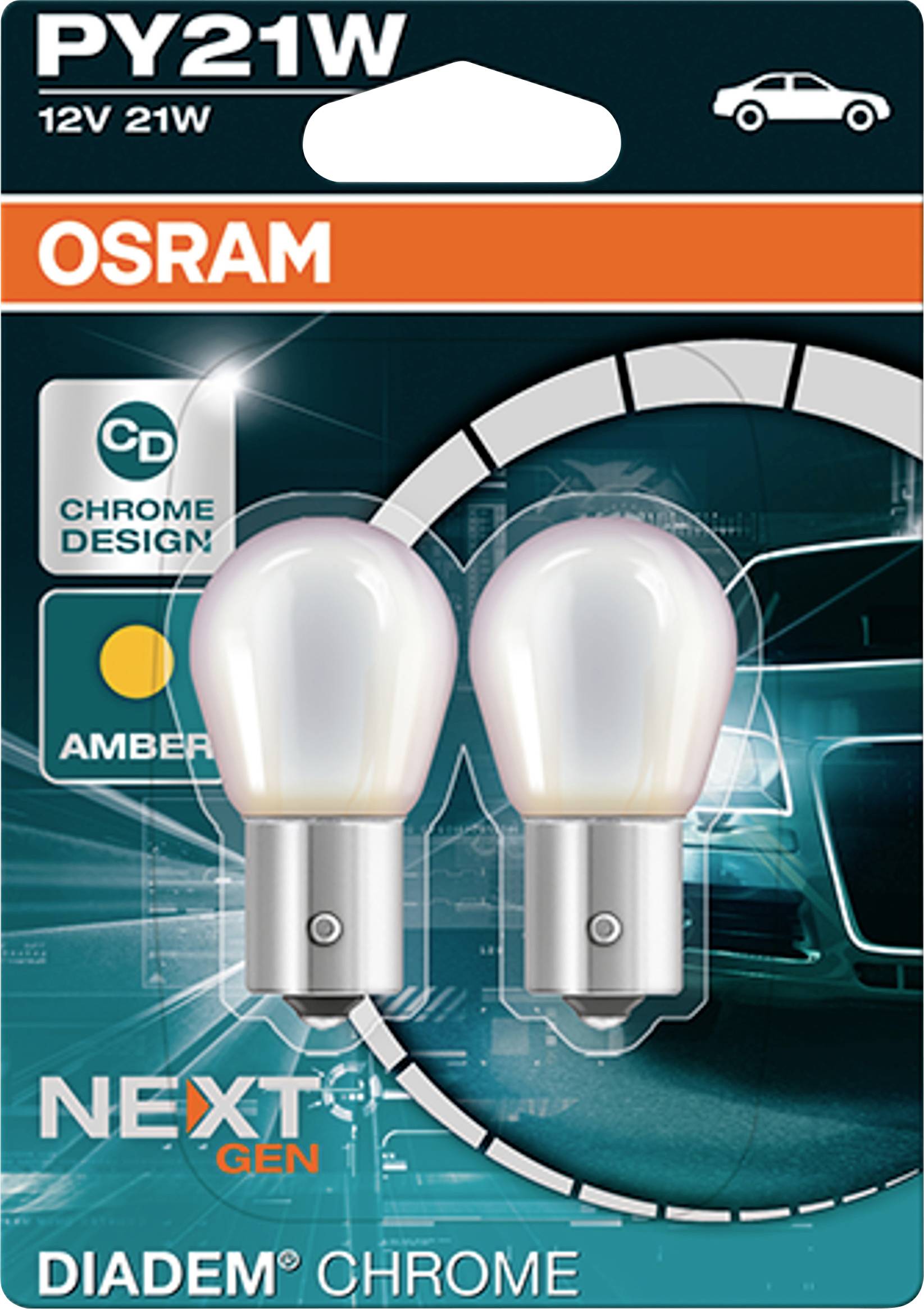 'Zwei OSRAM PY21W Auto-Glühbirnen in Chromdesign auf einer Verpackung mit technischem Hintergrund und Autoillustration.'