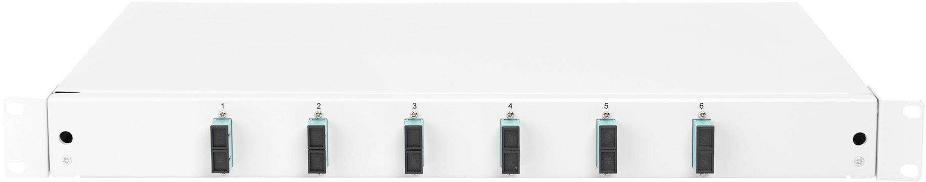 Ein weißes, rechteckiges technisches Gerät mit fünf schwarzen und blauen Anschlussbuchsen an der Vorderseite, möglicherweise ein Netzwerkmodul.