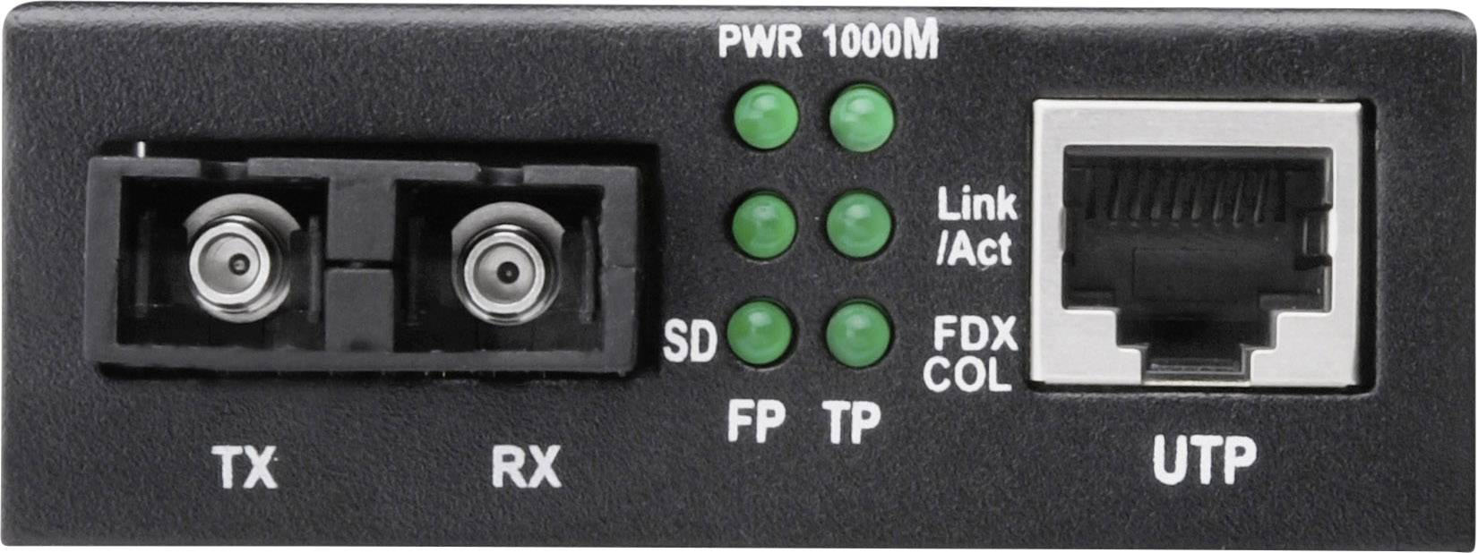 'Medienkonverter-Frontansicht mit Anschlüssen und Status-LEDs. Links: Optische Anschlüsse für TX und RX. Rechts: UTP-Port. Oben: Statusanzeigen.'
