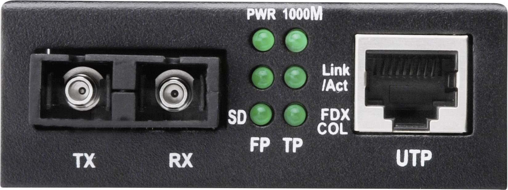 'Medienkonverter-Frontansicht mit TX, RX-Anschlüssen, UTP-Port und LEDs für PWR, SD, FP, TP, Link/Act, FDX, COL. Gigabit-Verbindung.'