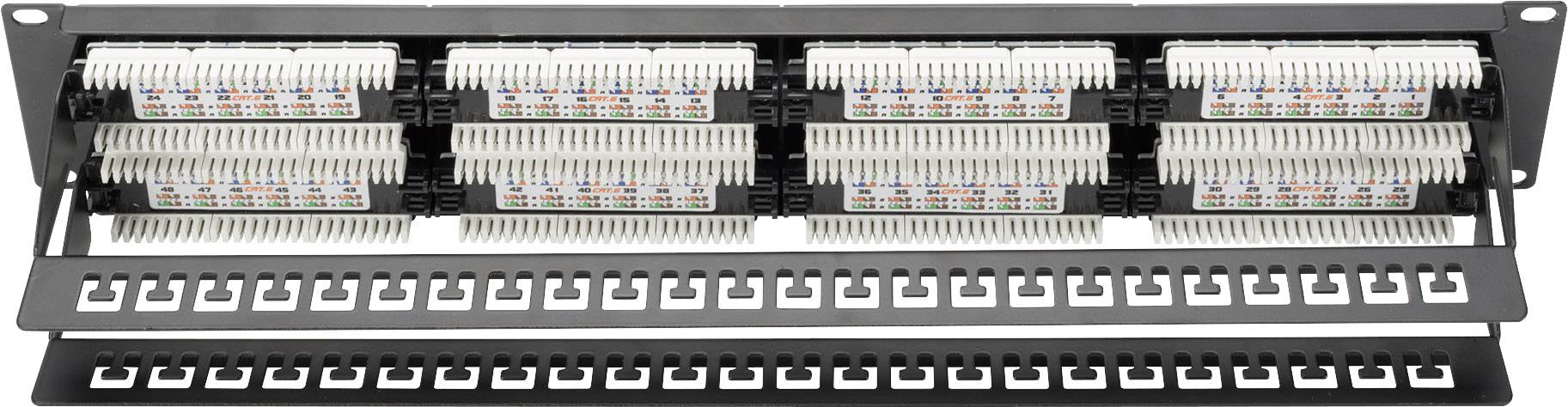 Patchpanel mit mehreren Buchsenreihen für Netzwerkverbindungen, jede Anschlussreihe ist farbcodiert zur Zuordnung der Kabeltypen.