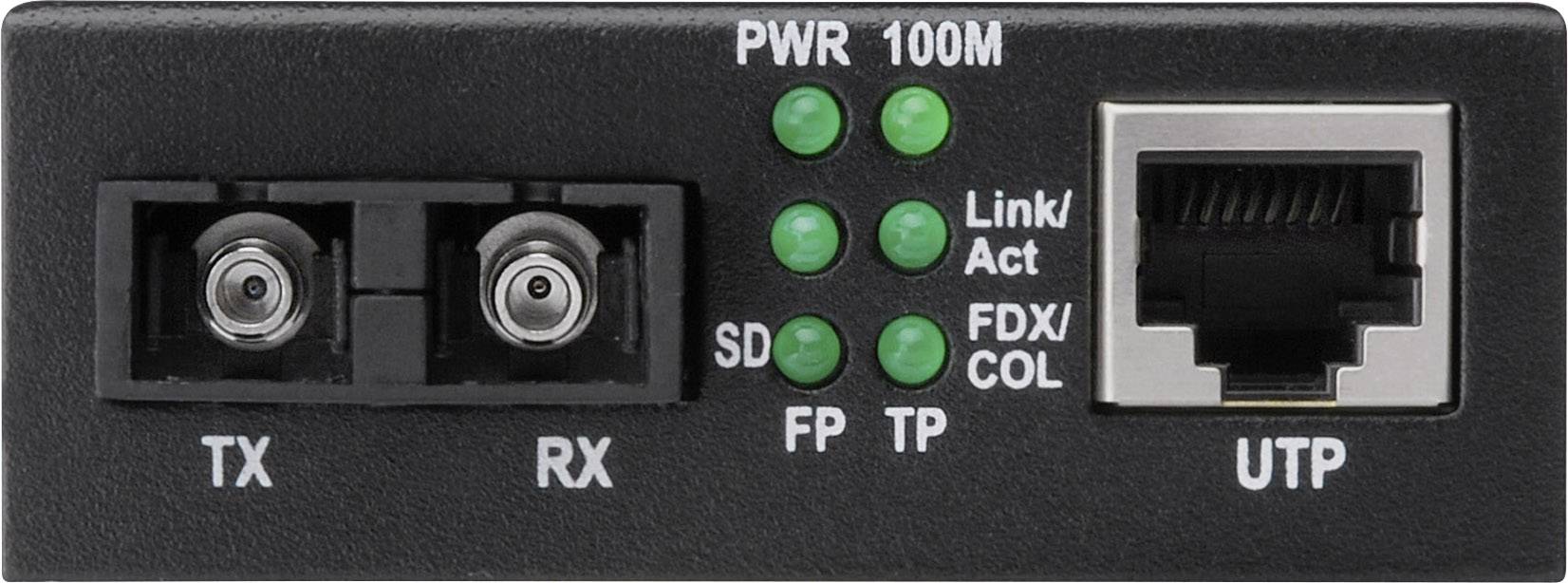 Netzwerkadapter mit Anschlüssen für TX, RX, und UTP. LEDs zeigen 'PWR', '100M', 'SD' und 'Link/Act. FDX/COL' Status an.