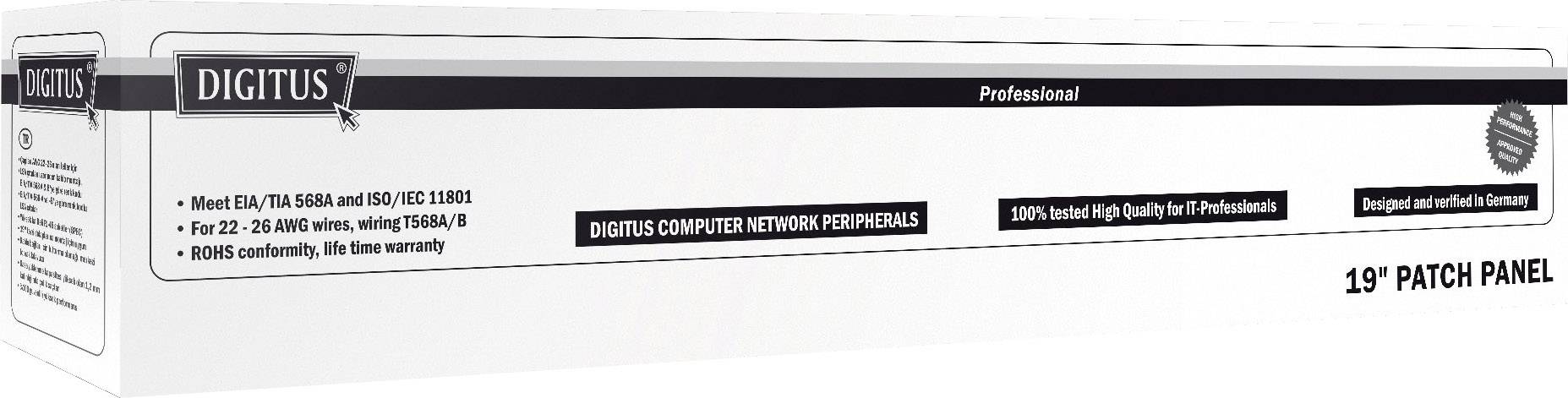 Weiße Verpackung mit Aufschrift 'Digitus 19" Patch Panel'. Listet Spezifikationen, inklusive Standards und Garantie, auf der Seitenfläche.