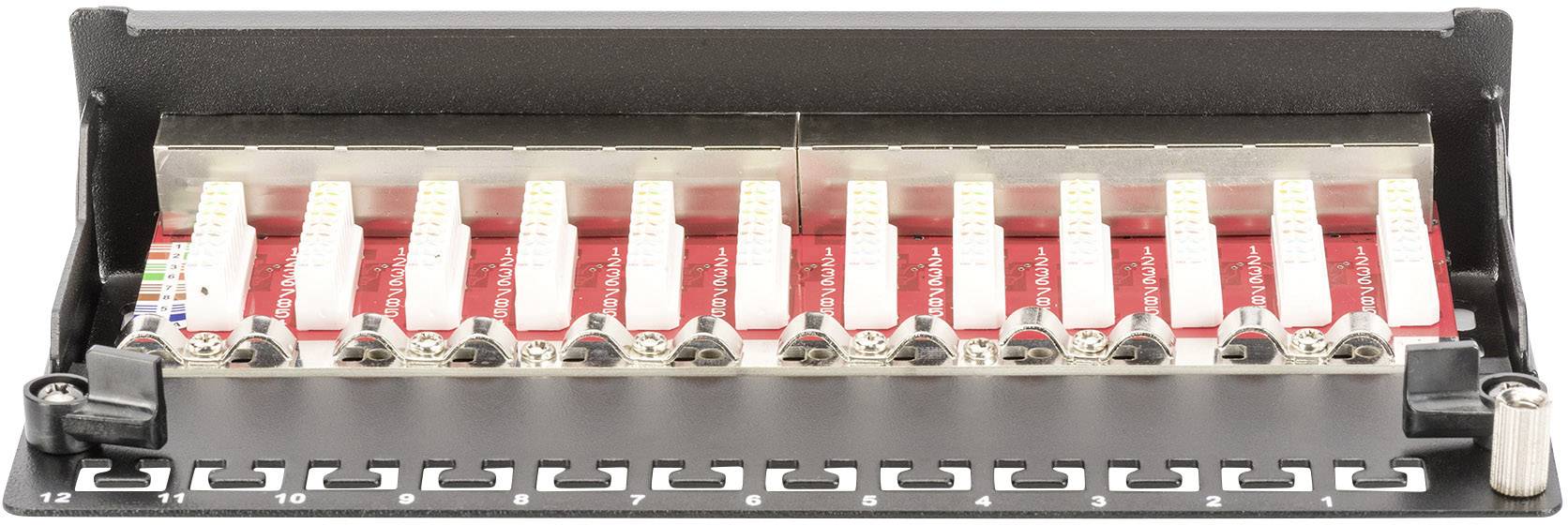 'Patchpanel mit 12 Netzwerkanschlüssen in einer Reihe. Jeder Anschluss ist nummeriert und bereit für Kabelverbindung zur Netzwerkverwaltung.'