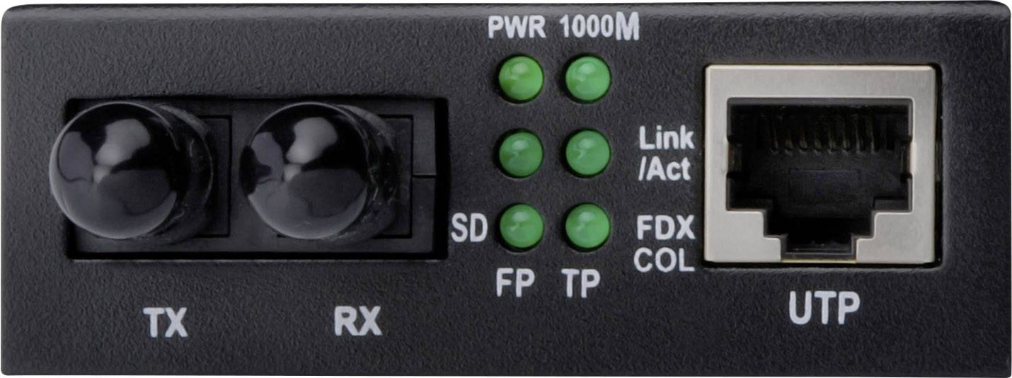 Ein Netzwerkgerät mit Glasfaseranschlüssen (TX, RX) und einem Ethernet-Port (UTP). LEDs zeigen Status für 'PWR', 'Link/Act', 'FDX' und 'COL' an.