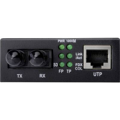 Ein Netzwerkgerät mit Glasfaseranschlüssen (TX, RX) und einem Ethernet-Port (UTP). LEDs zeigen Status für 'PWR', 'Link/Act', 'FDX' und 'COL' an.