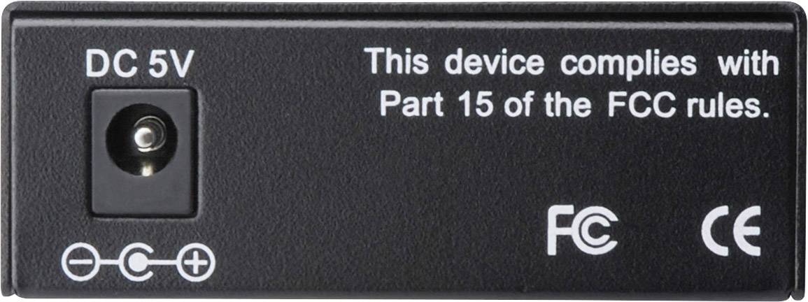 'DC 5V' Stromanschluss neben Text: 'This device complies with Part 15 of the FCC rules.' FCC und CE-Symbole rechts.