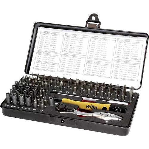 Thumbnail - Wiha Micro-Bit-Set 65-tlg.m.Ratsche Schlitz/PH/6-kant in+auß/T/Pen 39971 Bit-Set Schlitz, Kreuzschlitz Phillips, Innen-S...