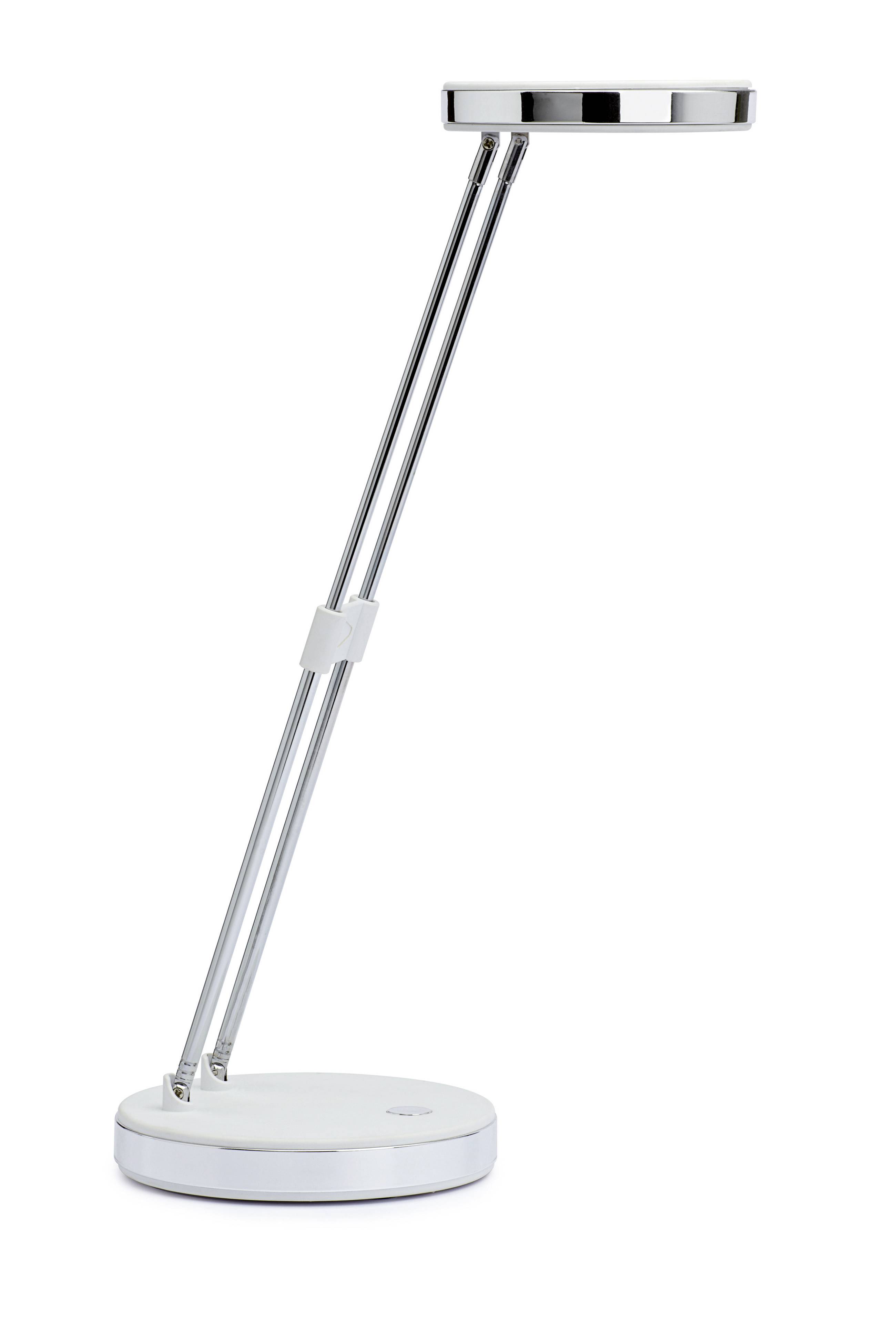 Moderne verstellbare Schreibtischlampe mit verchromtem Arm und runder weißer Basis auf einem schlichten Hintergrund.