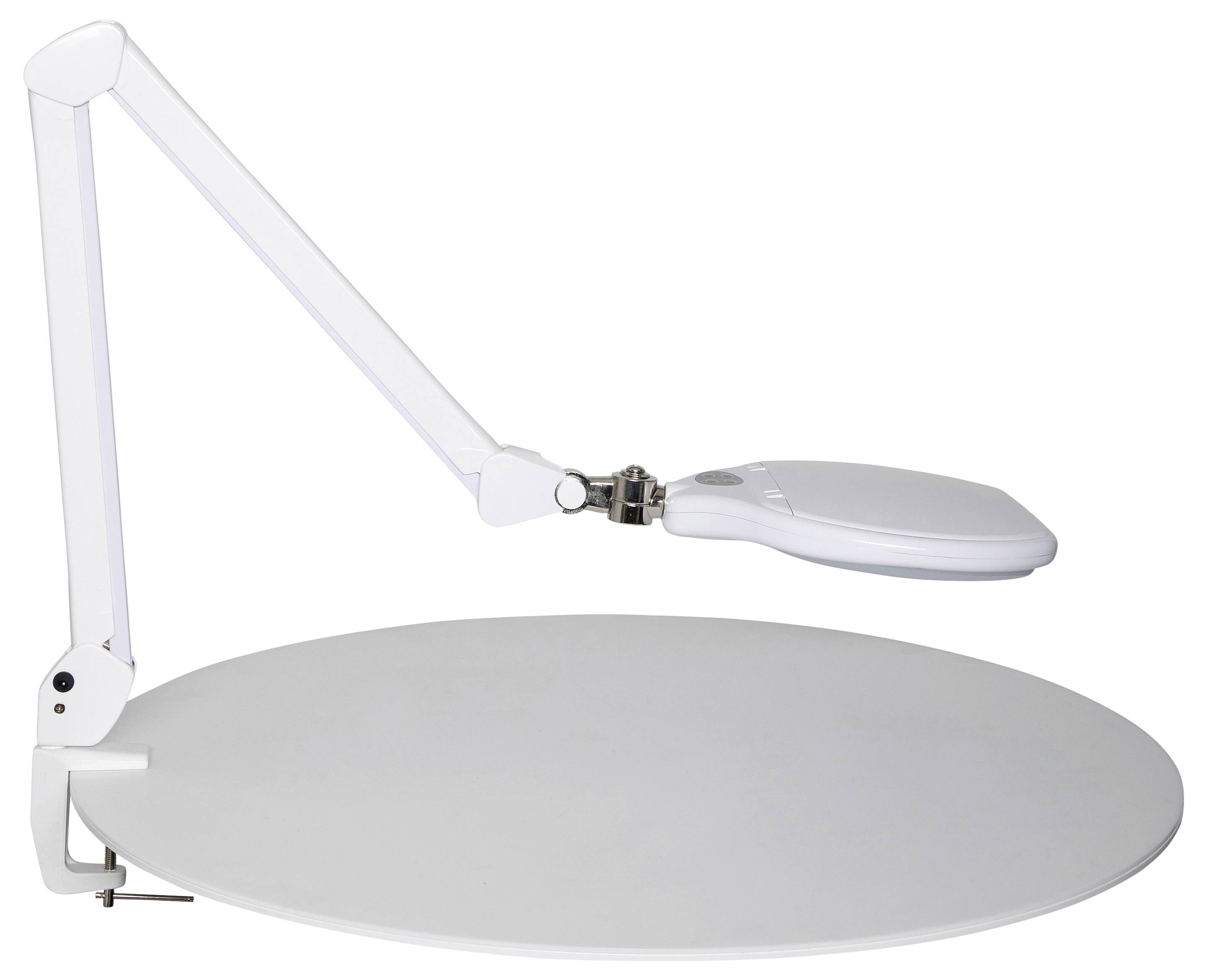 Eine weiße Lupenlampe mit verstellbarem Arm, montiert an einem Tischrand. Die Linse ist rund und zur Tischfläche hin gekippt.