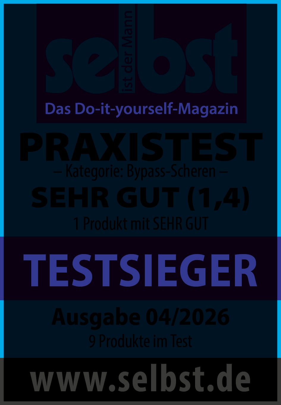 Magazincover für selbst ist der Mann / selbst, zeigt einen "PRAXISTEST" in der Kategorie "Bypass-Scheren" mit der Bewertung "SEHR GUT (1,4)" und "TESTSIEGER", Ausgabe 04/2026.