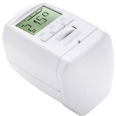 Ein digitales Thermostat mit Display zeigt '21.5°C'. Buttons zum Einstellen der Temperatur und Menüoptionen sind sichtbar.