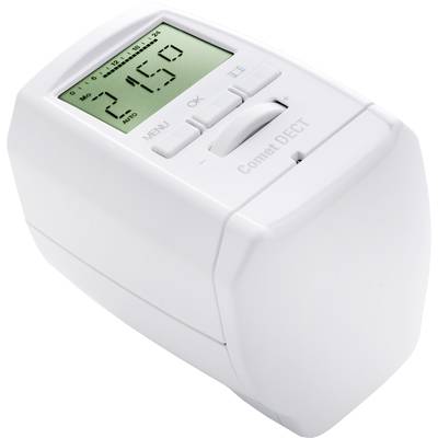 Ein elektronisches Heizkörperthermostat mit Display, das '21.5°C' anzeigt. Tasten für Menü, OK, und Pfeiltasten sind sichtbar.
